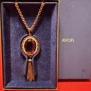 AVON Vtg  Necklace Faux‎ Pearl Amethyst Stone Tassel & Original Box 30" Goldtone